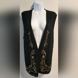 Vintage Koret Holiday Christmas Sweater Button Up Vest Beaded Party Festive L